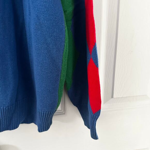 Pringle Scotland Hand Intarsia Cotton Vintage Blue Red Green Argyle Sweater XL - Picture 10 of 10